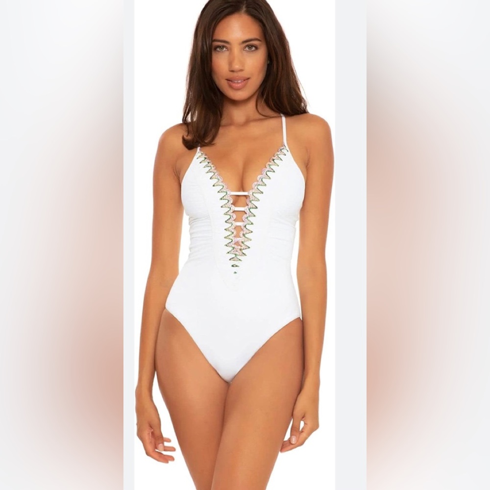 NWT Becca Delilah one piece swimsuit white w/green & lavender embroidery💜🌸
